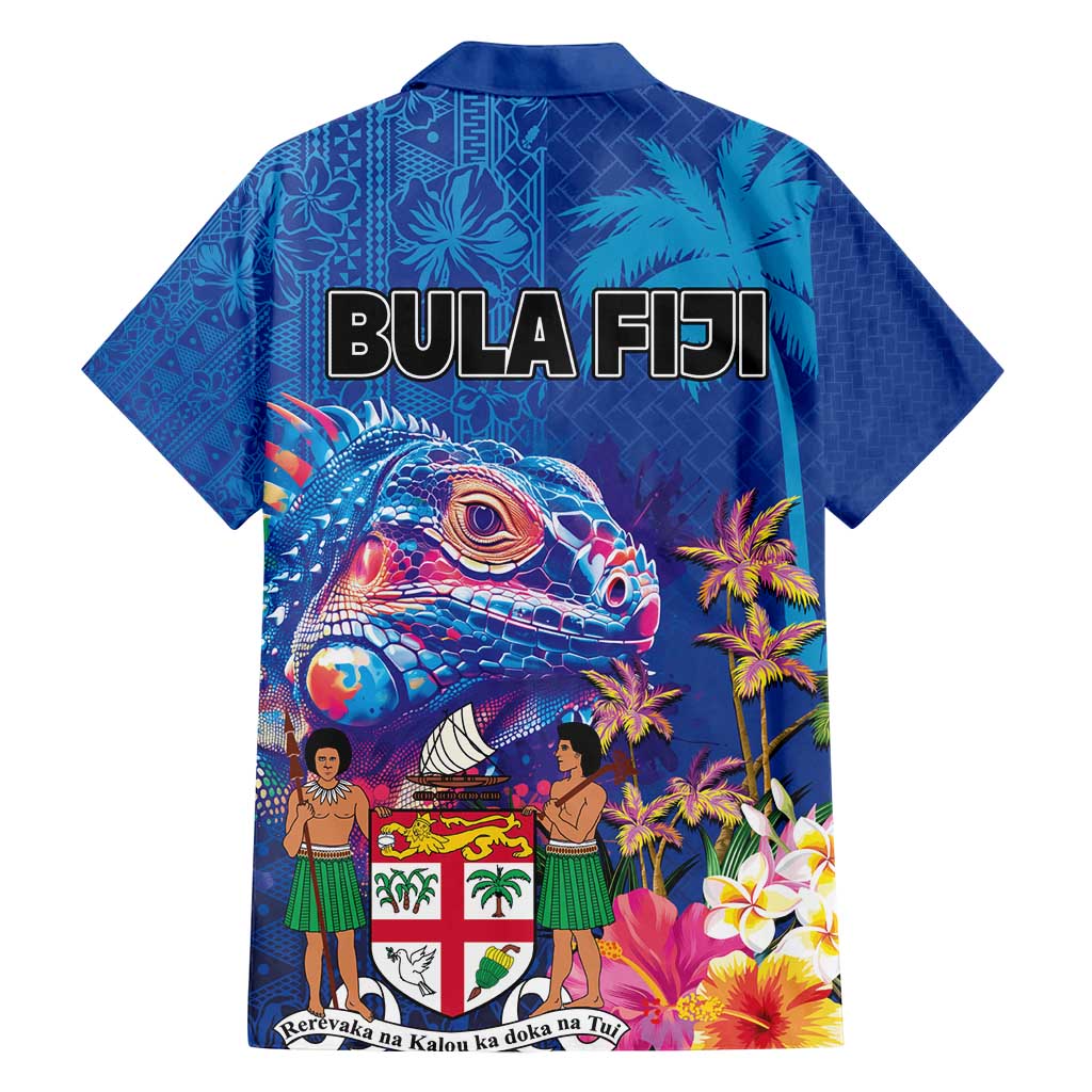 Fiji Bula Family Matching Puletasi and Hawaiian Shirt Tropical Plants with Palm Tree and Iguana Colorful