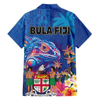 Fiji Bula Family Matching Short Sleeve Bodycon Dress and Hawaiian Shirt Tropical Plants with Palm Tree and Iguana Colorful