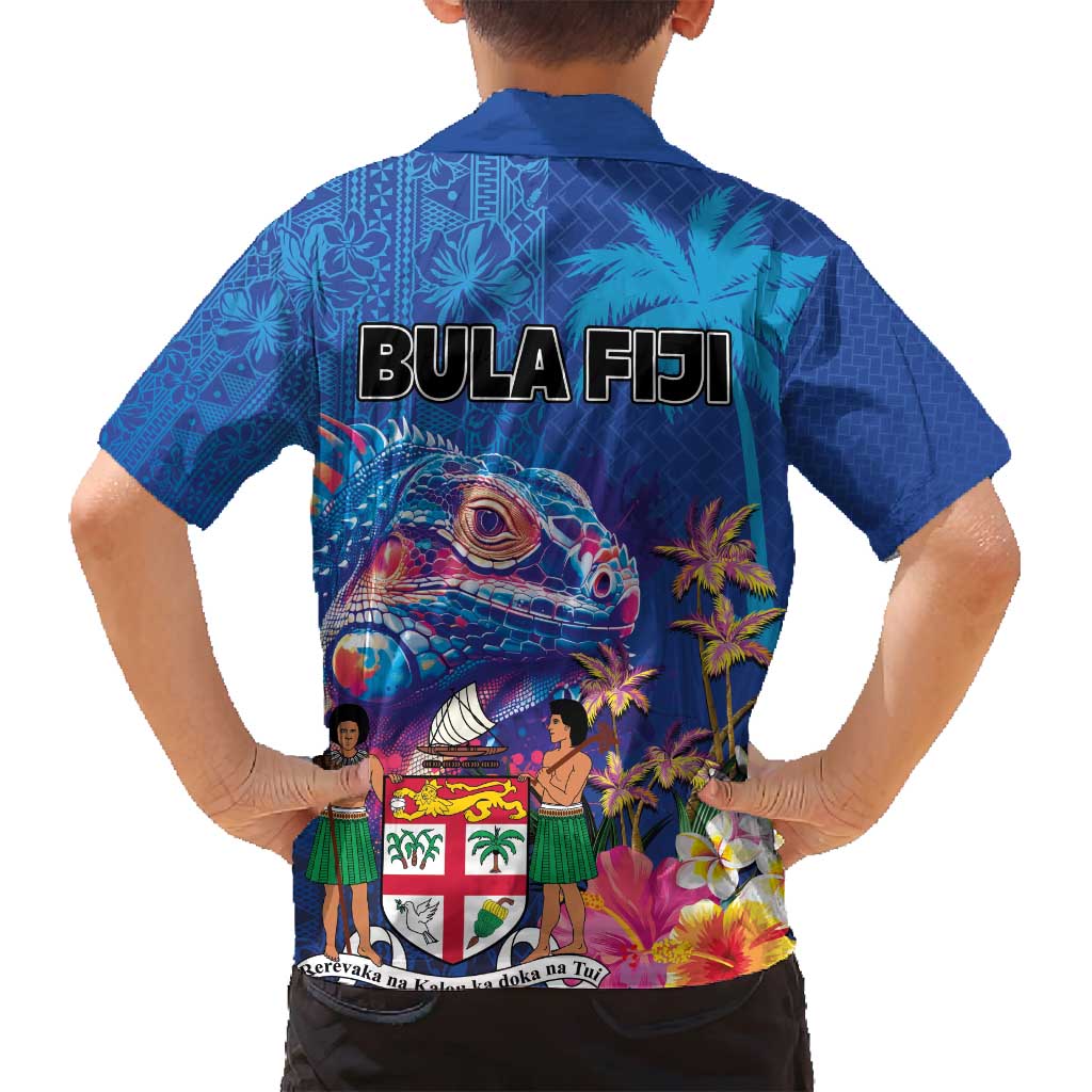 Fiji Bula Family Matching Tank Maxi Dress and Hawaiian Shirt Tropical Plants with Palm Tree and Iguana Colorful