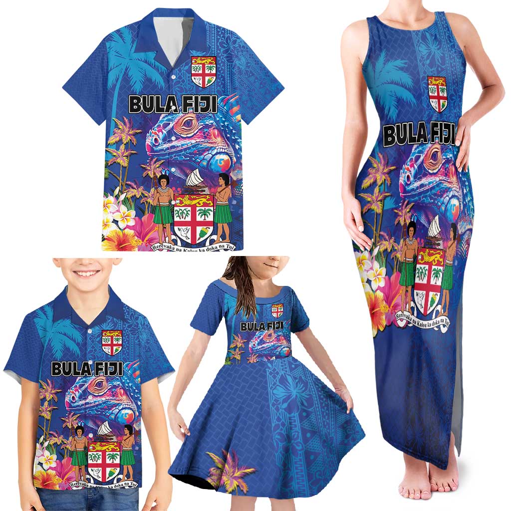 Fiji Bula Family Matching Tank Maxi Dress and Hawaiian Shirt Tropical Plants with Palm Tree and Iguana Colorful