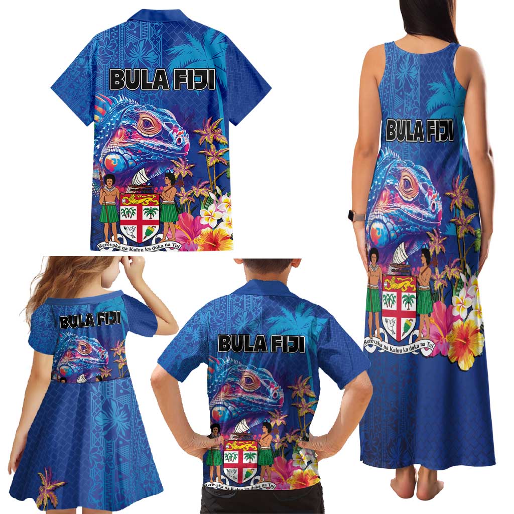 Fiji Bula Family Matching Tank Maxi Dress and Hawaiian Shirt Tropical Plants with Palm Tree and Iguana Colorful