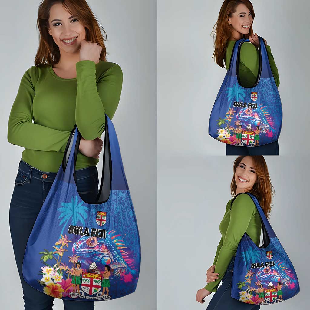 Fiji Bula Grocery Bag Tropical Plants with Palm Tree and Iguana Colorful