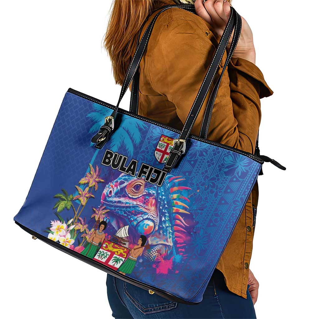 Fiji Bula Leather Tote Bag Tropical Plants with Palm Tree and Iguana Colorful