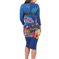 Fiji Bula Long Sleeve Bodycon Dress Tropical Plants with Palm Tree and Iguana Colorful