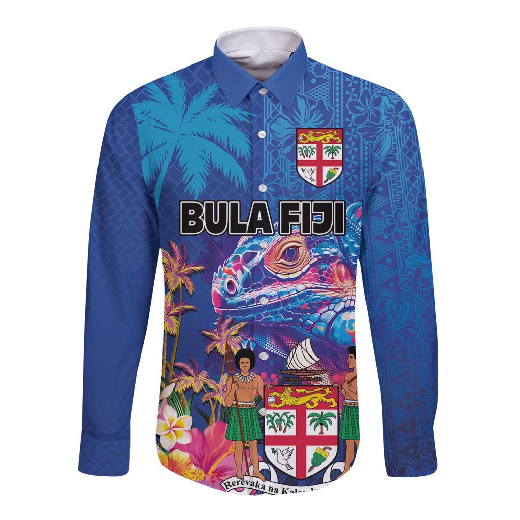 Fiji Bula Long Sleeve Button Shirt Tropical Plants with Palm Tree and Iguana Colorful