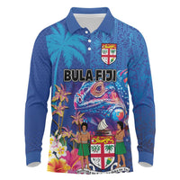 Fiji Bula Long Sleeve Polo Shirt Tropical Plants with Palm Tree and Iguana Colorful