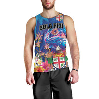 Fiji Bula Men Tank Top Tropical Plants with Palm Tree and Iguana Colorful