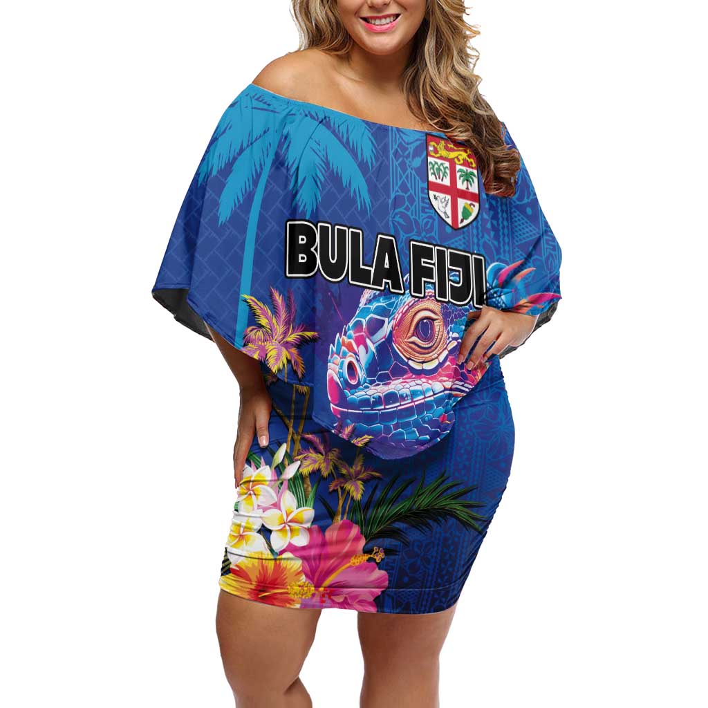 Fiji Bula Off Shoulder Short Dress Tropical Plants with Palm Tree and Iguana Colorful