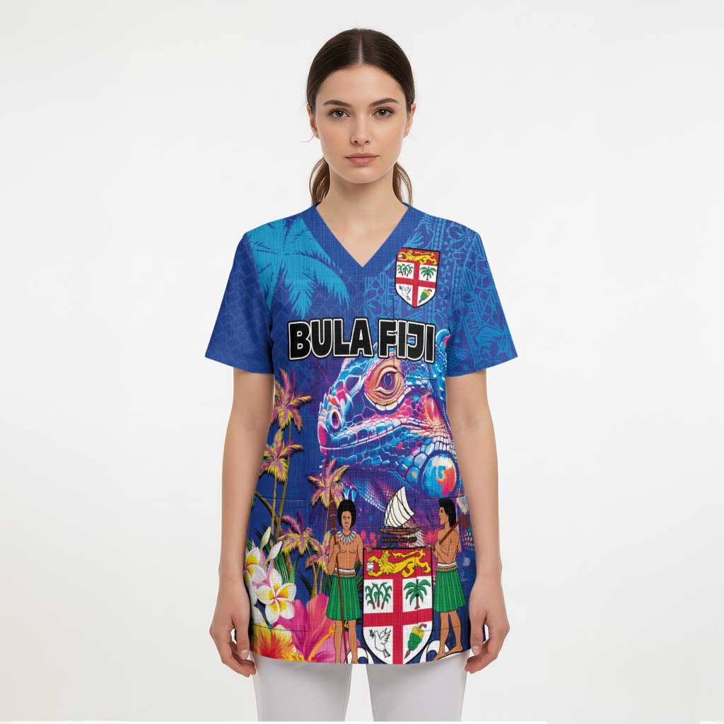 Fiji Bula Scrub Top Tropical Plants with Palm Tree and Iguana Colorful - Polynesian Pride