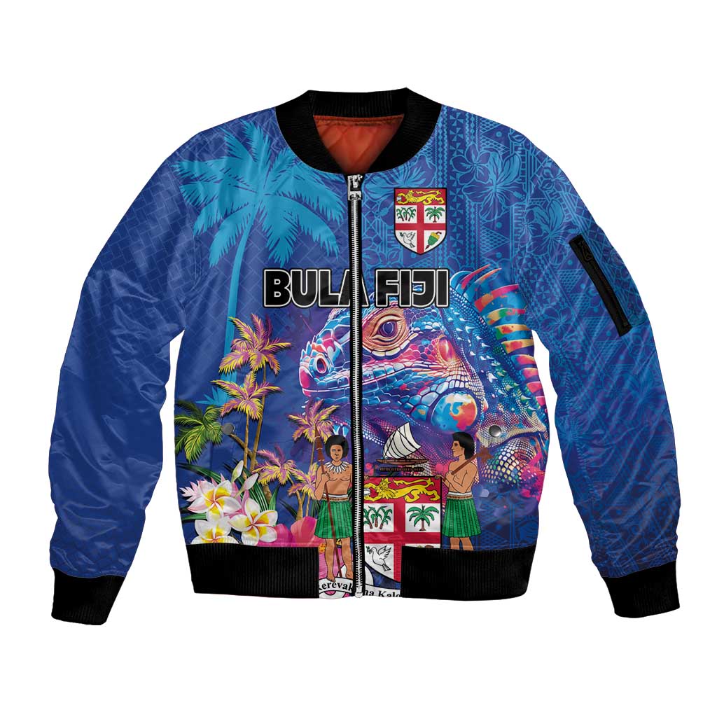 Fiji Bula Sleeve Zip Bomber Jacket Tropical Plants with Palm Tree and Iguana Colorful LT03 Unisex Blue - Polynesian Pride