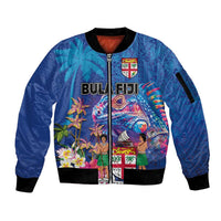 Fiji Bula Sleeve Zip Bomber Jacket Tropical Plants with Palm Tree and Iguana Colorful LT03 Unisex Blue - Polynesian Pride
