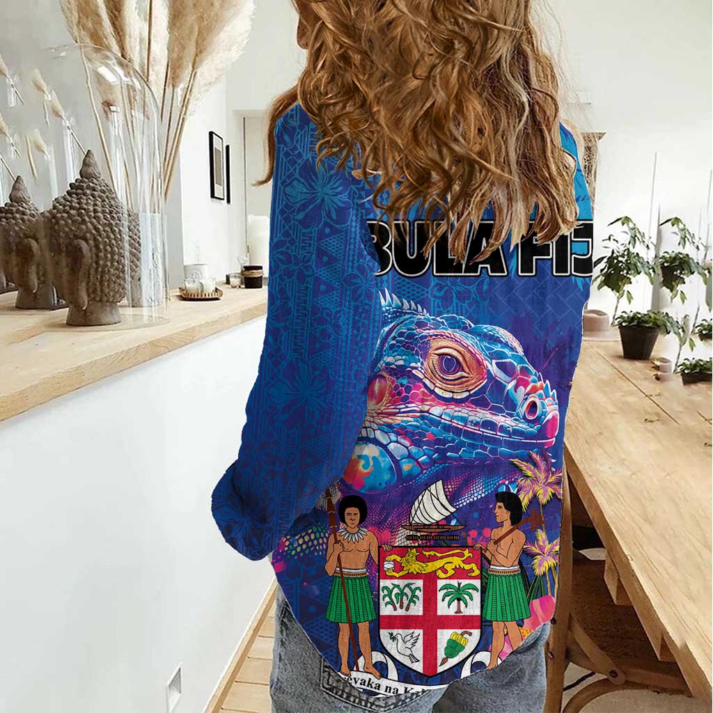 Fiji Bula Women Casual Shirt Tropical Plants with Palm Tree and Iguana Colorful