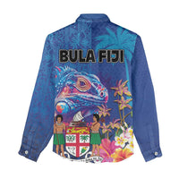 Fiji Bula Women Casual Shirt Tropical Plants with Palm Tree and Iguana Colorful
