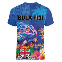 Fiji Bula Women V-Neck T-Shirt Tropical Plants with Palm Tree and Iguana Colorful