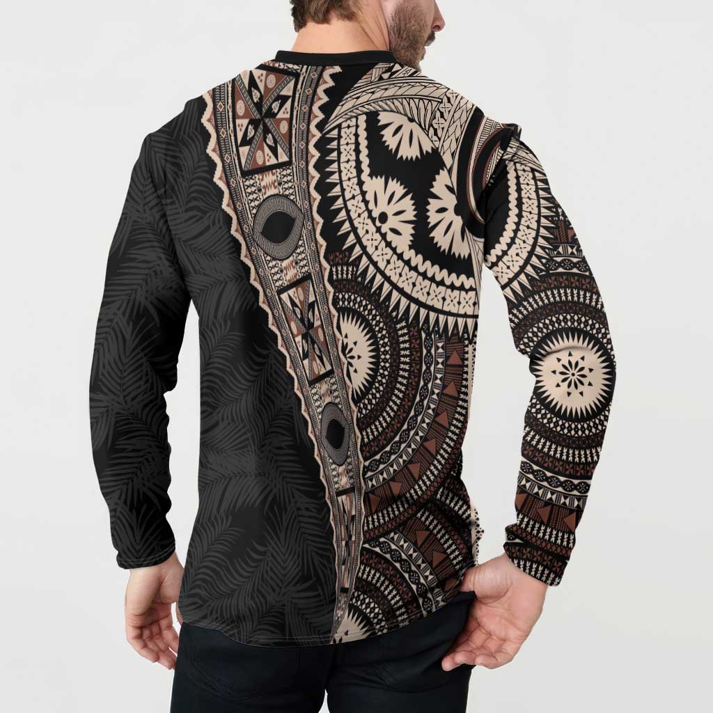 Fiji Traditional Masi Button Sweatshirt Tapa Art Palm Leaves Pattern