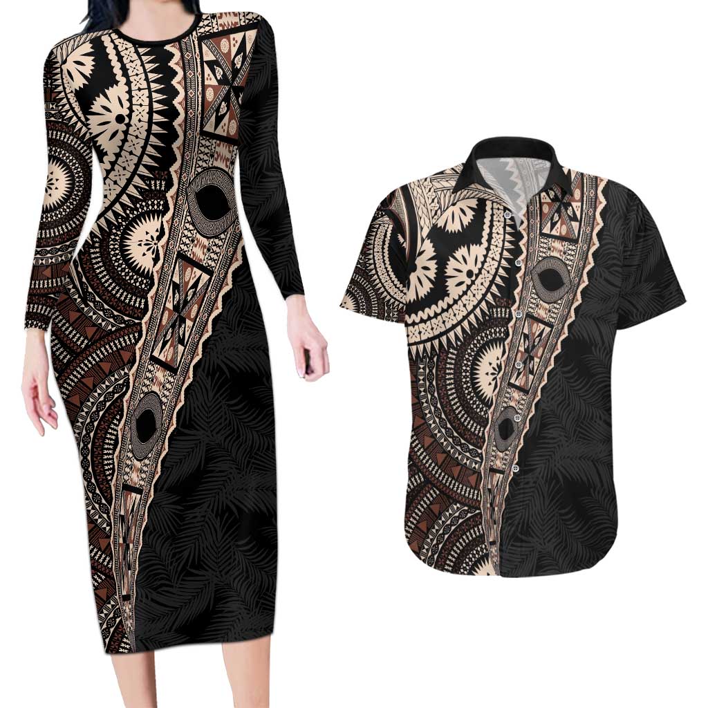 Fiji Traditional Masi Couples Matching Long Sleeve Bodycon Dress and Hawaiian Shirt Tapa Art Palm Leaves Pattern