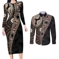 Fiji Traditional Masi Couples Matching Long Sleeve Bodycon Dress and Long Sleeve Button Shirt Tapa Art Palm Leaves Pattern