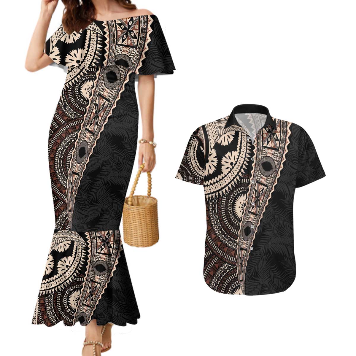 Fiji Traditional Masi Couples Matching Mermaid Dress and Hawaiian Shirt Tapa Art Palm Leaves Pattern