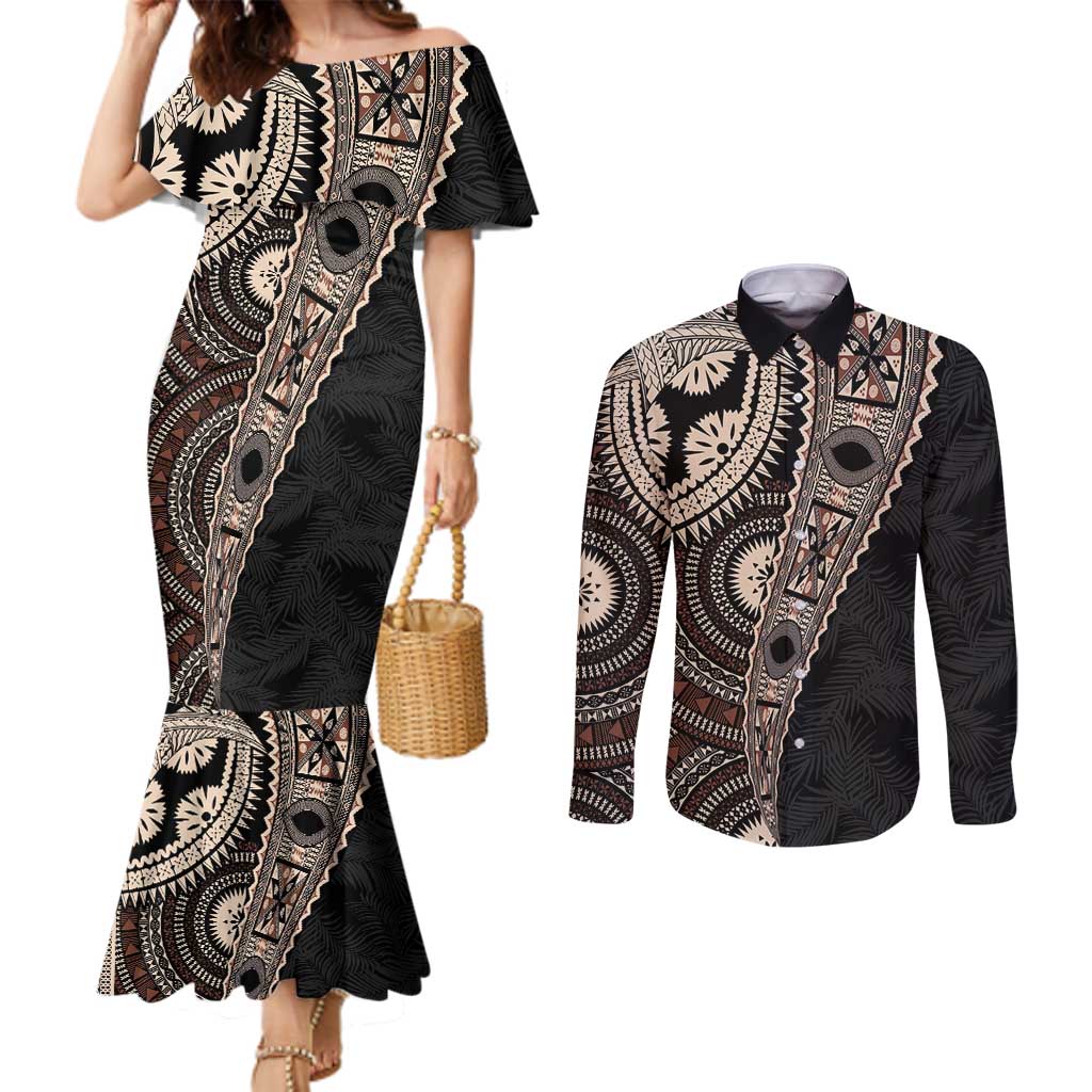 Fiji Traditional Masi Couples Matching Mermaid Dress and Long Sleeve Button Shirt Tapa Art Palm Leaves Pattern