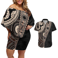 Fiji Traditional Masi Couples Matching Off Shoulder Short Dress and Hawaiian Shirt Tapa Art Palm Leaves Pattern