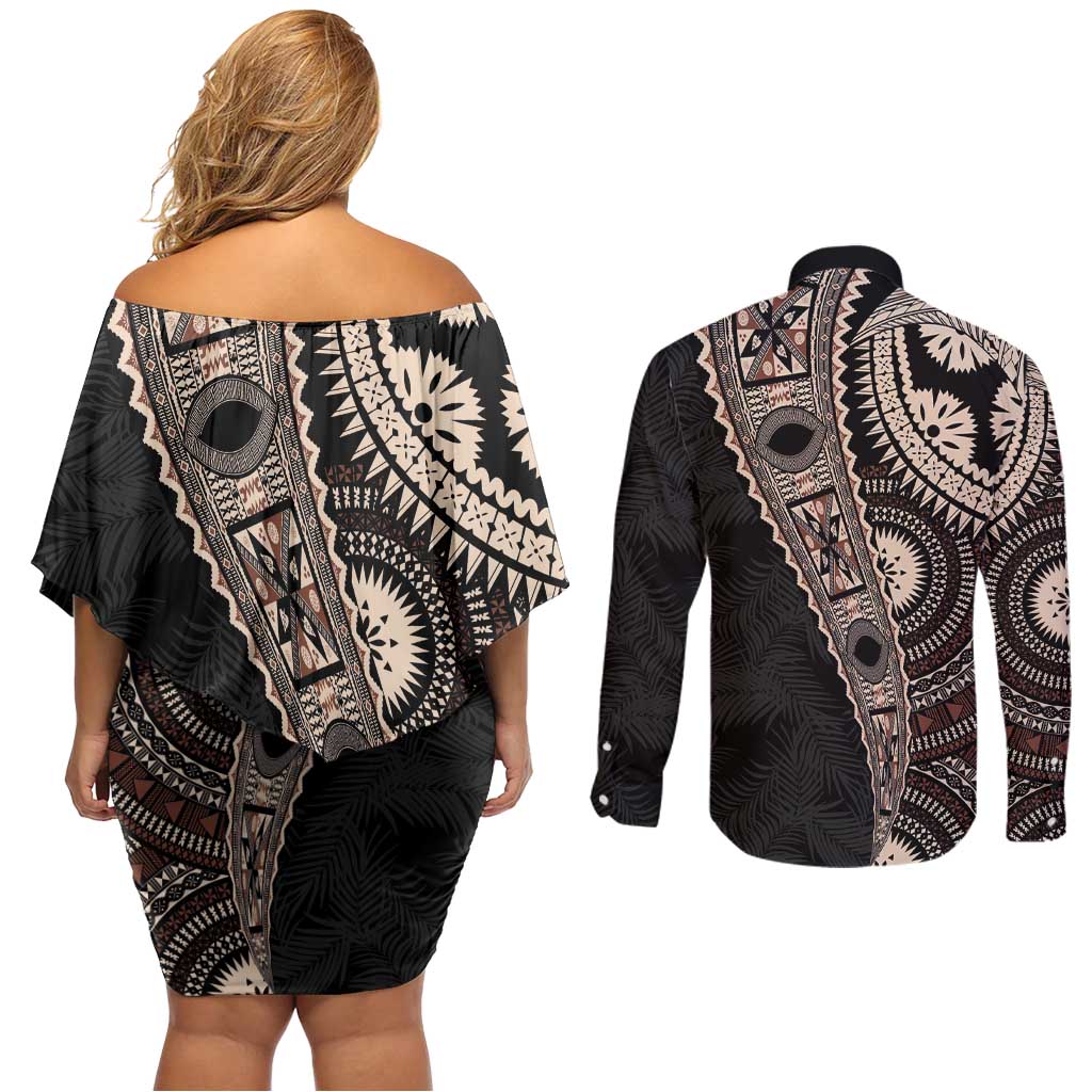 Fiji Traditional Masi Couples Matching Off Shoulder Short Dress and Long Sleeve Button Shirt Tapa Art Palm Leaves Pattern