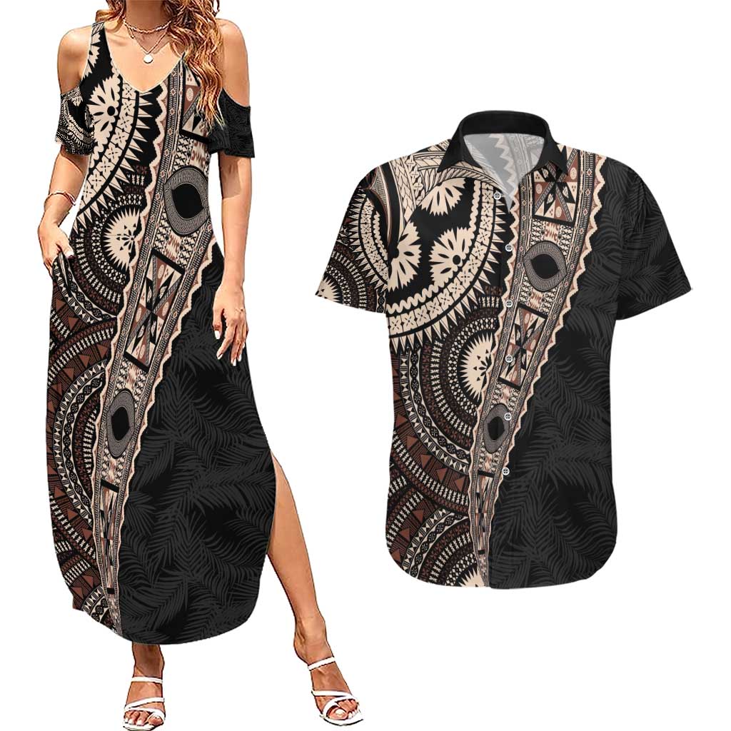 Fiji Traditional Masi Couples Matching Summer Maxi Dress and Hawaiian Shirt Tapa Art Palm Leaves Pattern