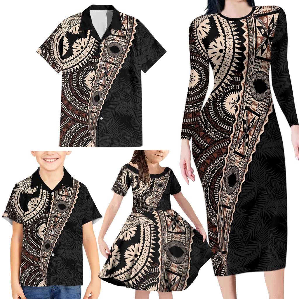 Fiji Traditional Masi Family Matching Long Sleeve Bodycon Dress and Hawaiian Shirt Tapa Art Palm Leaves Pattern