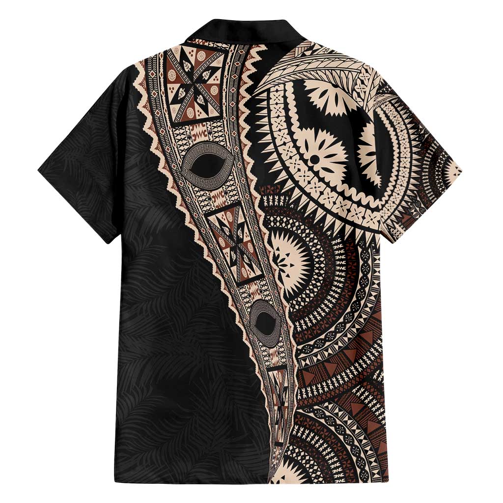 Fiji Traditional Masi Family Matching Off Shoulder Maxi Dress and Hawaiian Shirt Tapa Art Palm Leaves Pattern