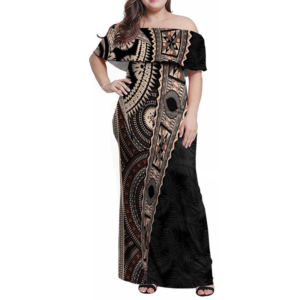 Fiji Traditional Masi Family Matching Off Shoulder Maxi Dress and Hawaiian Shirt Tapa Art Palm Leaves Pattern