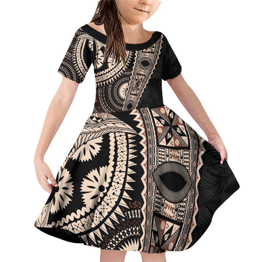Fiji Traditional Masi Family Matching Off Shoulder Short Dress and Hawaiian Shirt Tapa Art Palm Leaves Pattern