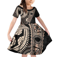 Fiji Traditional Masi Family Matching Off Shoulder Short Dress and Hawaiian Shirt Tapa Art Palm Leaves Pattern