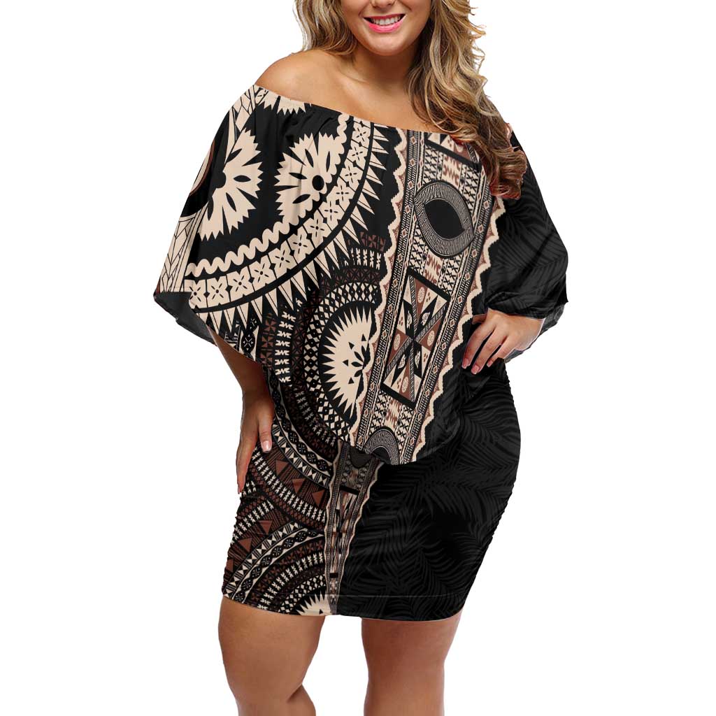 Fiji Traditional Masi Family Matching Off Shoulder Short Dress and Hawaiian Shirt Tapa Art Palm Leaves Pattern