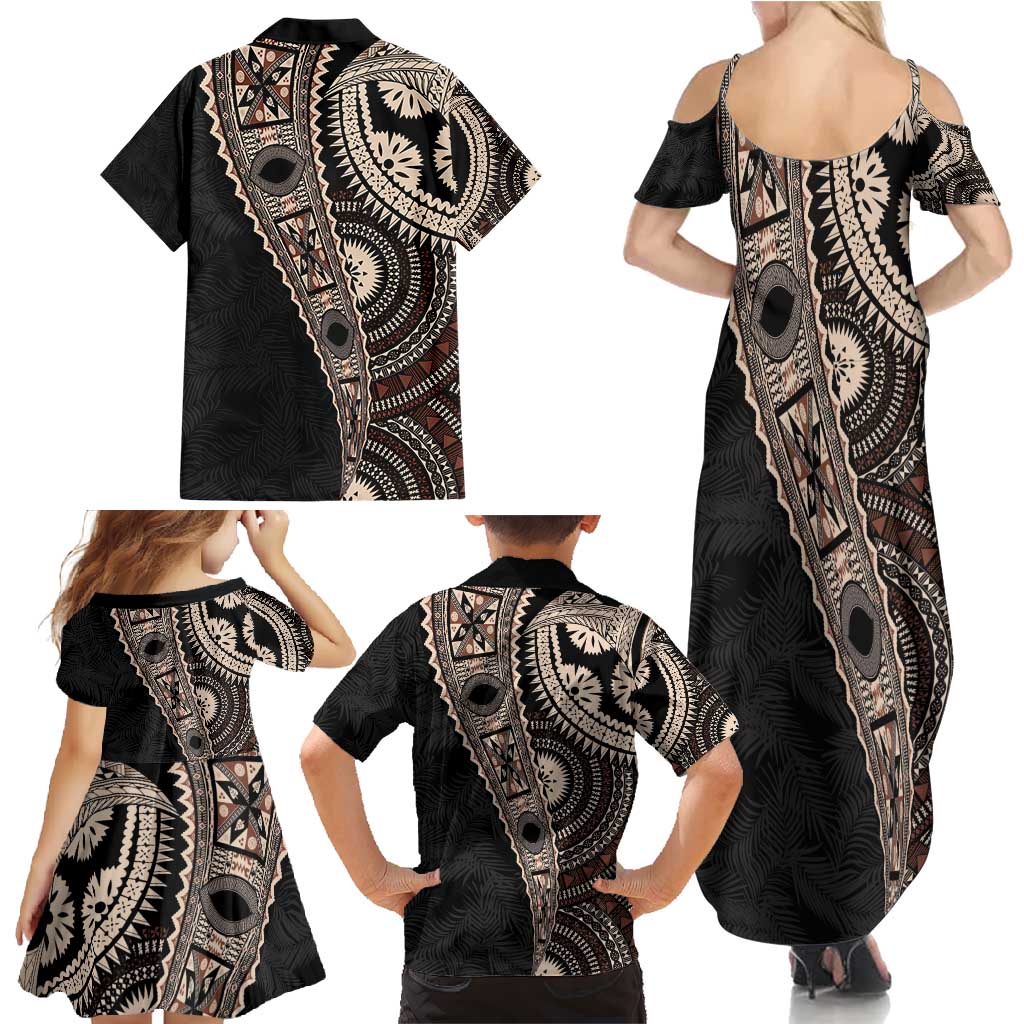 Fiji Traditional Masi Family Matching Summer Maxi Dress and Hawaiian Shirt Tapa Art Palm Leaves Pattern