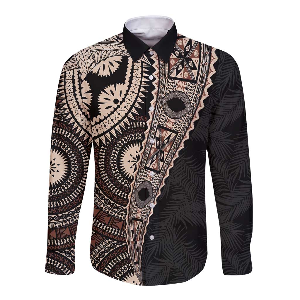 Fiji Traditional Masi Long Sleeve Button Shirt Tapa Art Palm Leaves Pattern