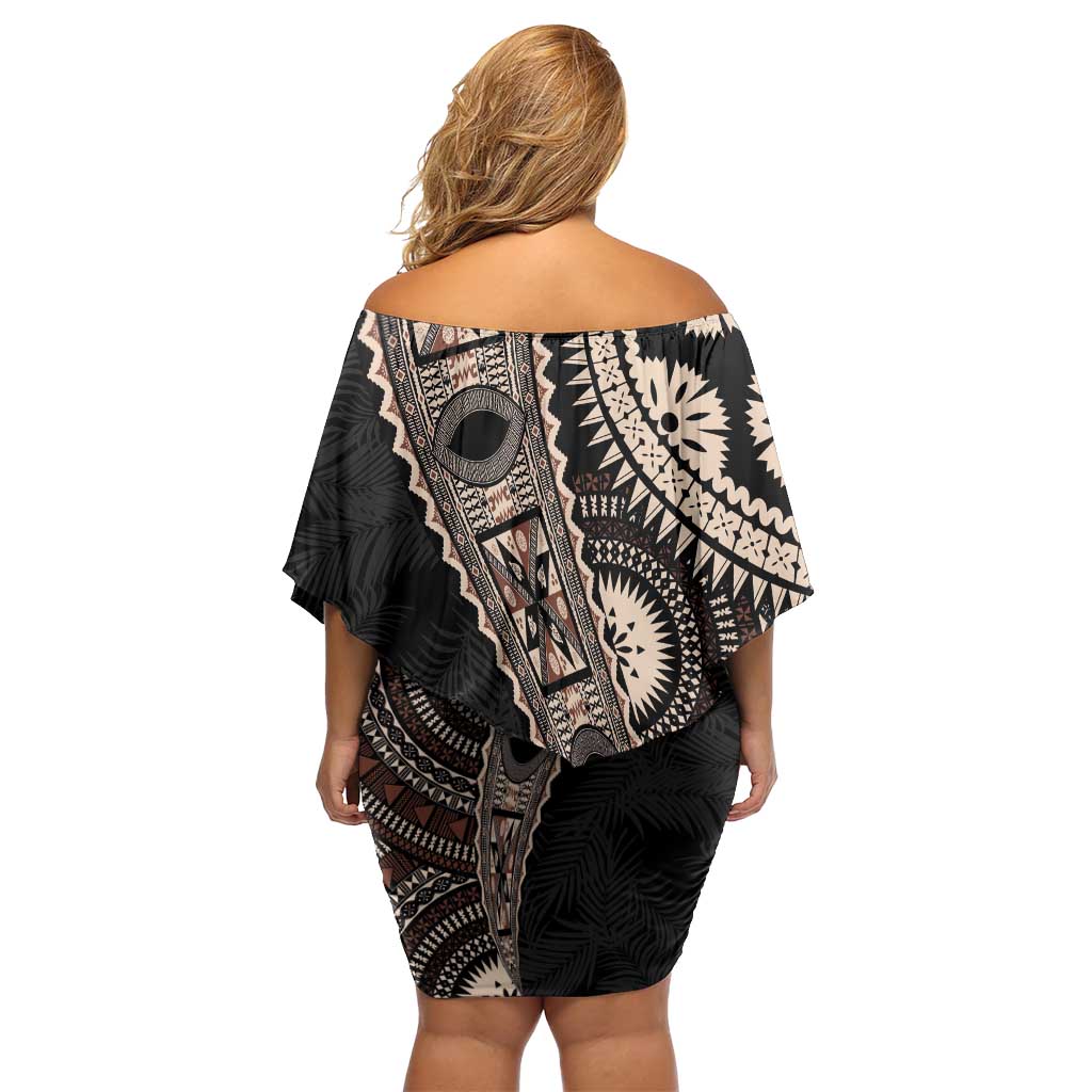 Fiji Traditional Masi Off Shoulder Short Dress Tapa Art Palm Leaves Pattern