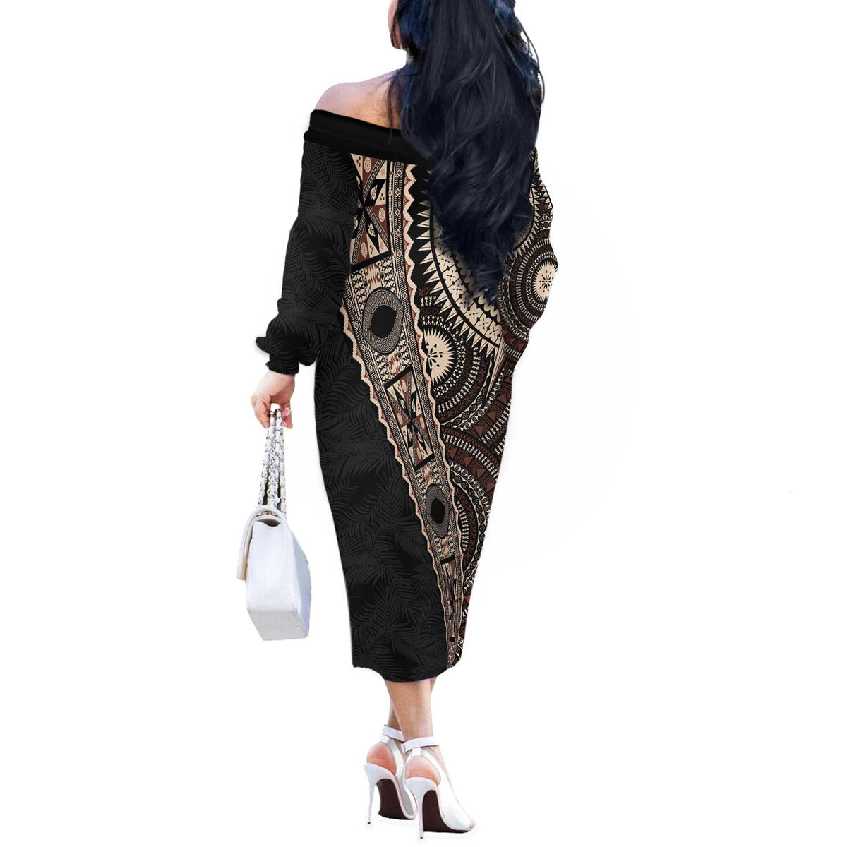 Fiji Traditional Masi Off The Shoulder Long Sleeve Dress Tapa Art Palm Leaves Pattern