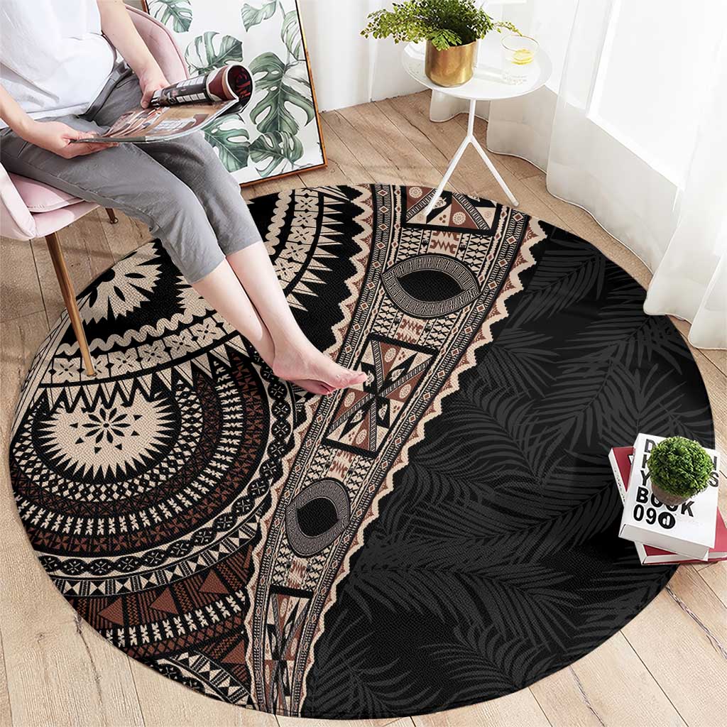 Fiji Traditional Masi Round Carpet Tapa Art Palm Leaves Pattern