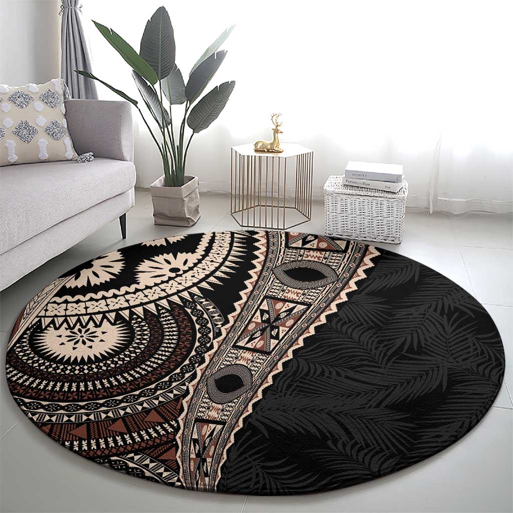 Fiji Traditional Masi Round Carpet Tapa Art Palm Leaves Pattern