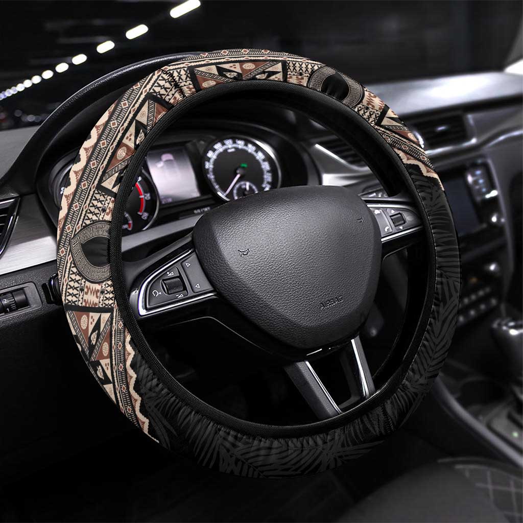 Fiji Traditional Masi Steering Wheel Cover Tapa Art Palm Leaves Pattern LT03 Universal Fit Brown - Polynesian Pride