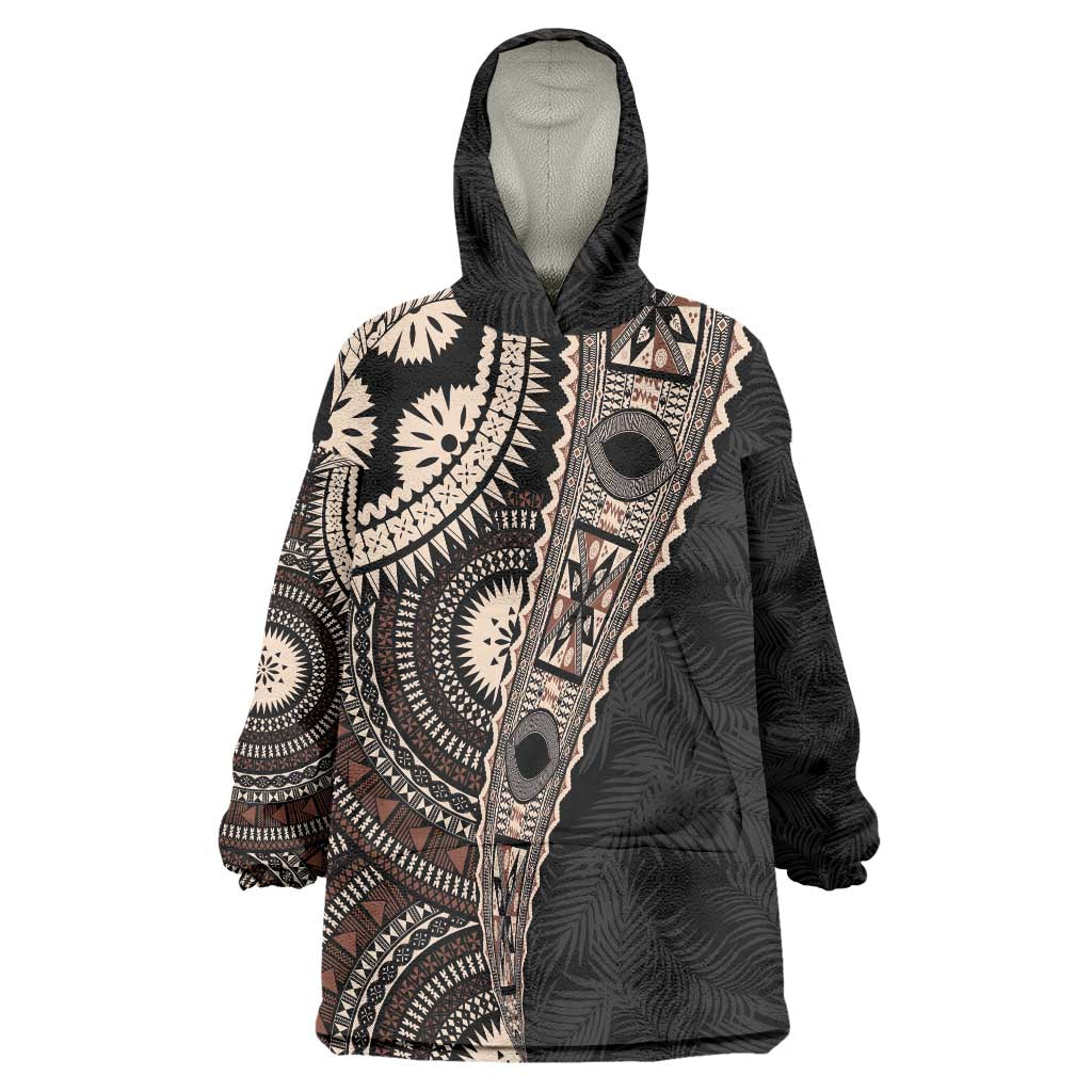 Fiji Traditional Masi Wearable Blanket Hoodie Tapa Art Palm Leaves Pattern