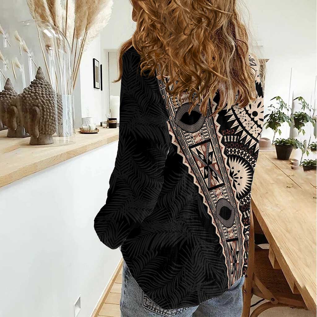 Fiji Traditional Masi Women Casual Shirt Tapa Art Palm Leaves Pattern