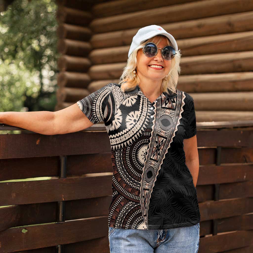 Fiji Traditional Masi Women Polo Shirt Tapa Art Palm Leaves Pattern