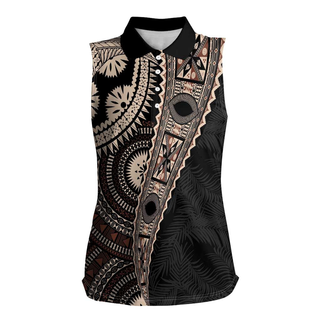 Fiji Traditional Masi Women Sleeveless Polo Shirt Tapa Art Palm Leaves Pattern