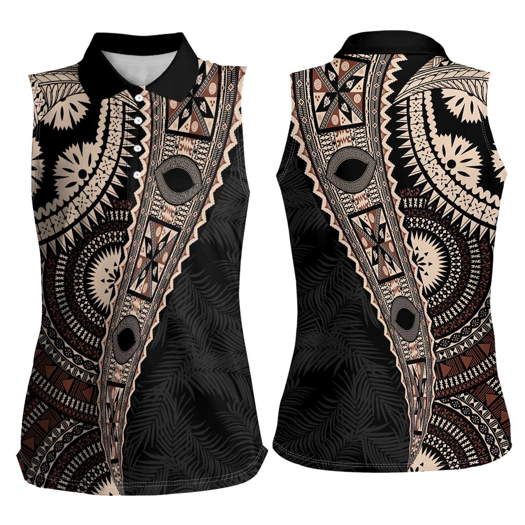 Fiji Traditional Masi Women Sleeveless Polo Shirt Tapa Art Palm Leaves Pattern