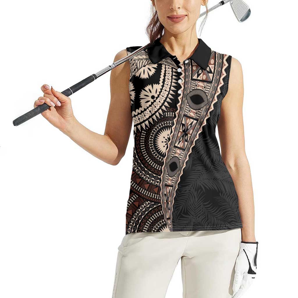 Fiji Traditional Masi Women Sleeveless Polo Shirt Tapa Art Palm Leaves Pattern