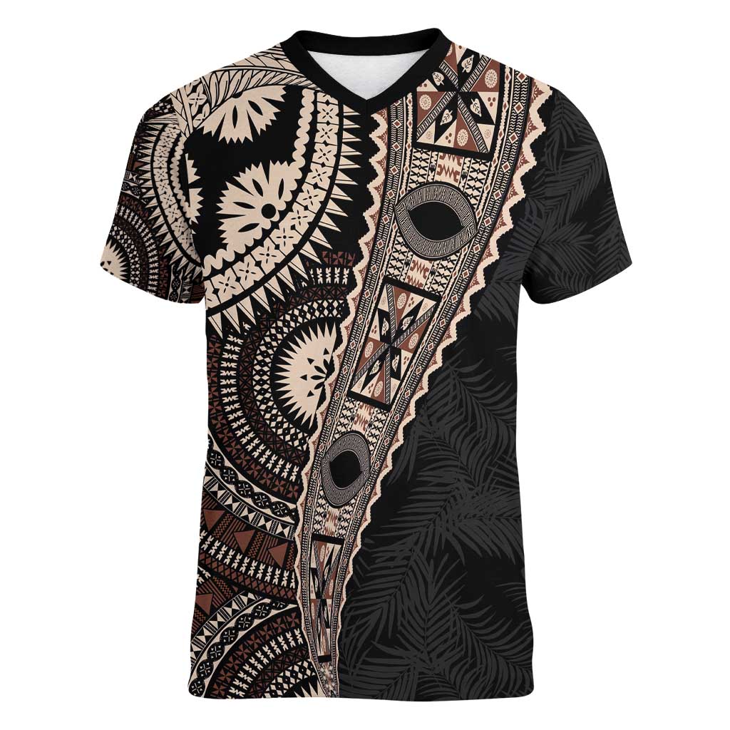 Fiji Traditional Masi Women V-Neck T-Shirt Tapa Art Palm Leaves Pattern