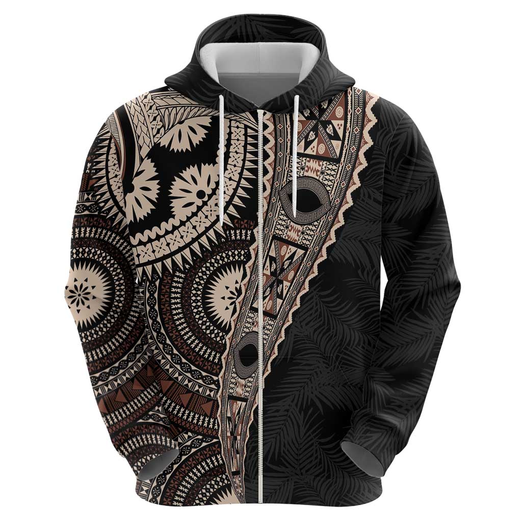 Fiji Traditional Masi Zip Hoodie Tapa Art Palm Leaves Pattern