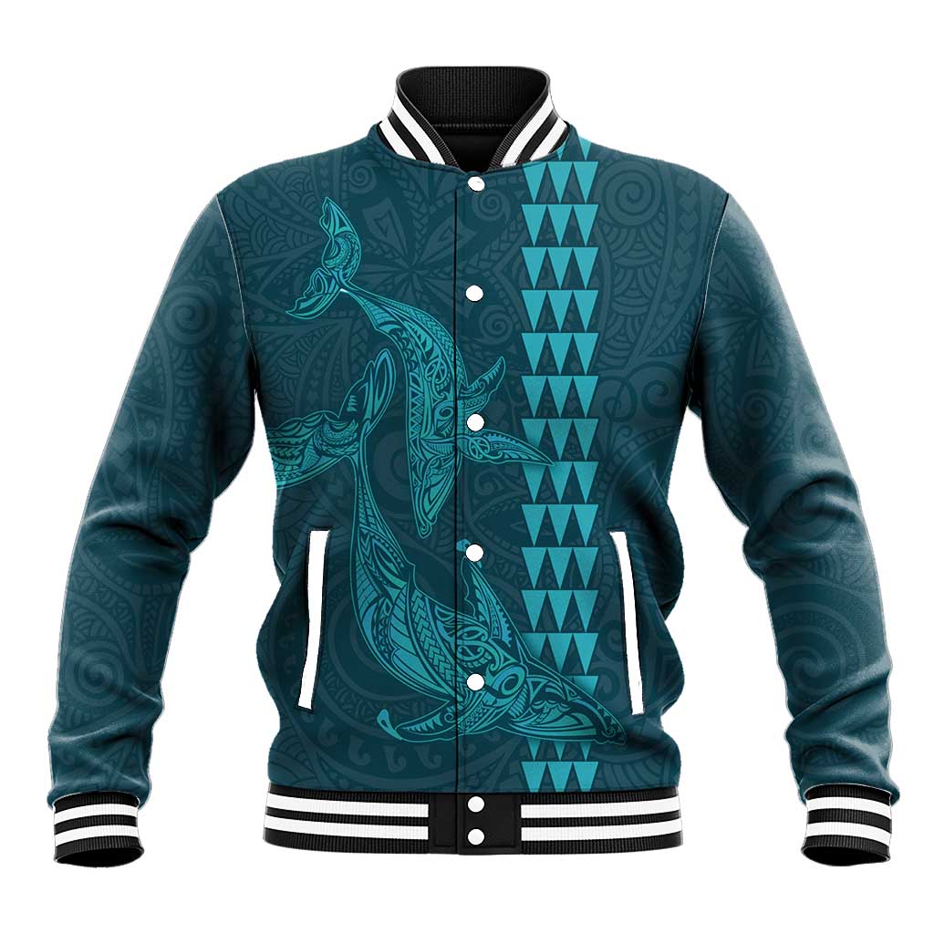 Aloha Hawaii Whale Kakau and Polynesian Tattoo Baseball Jacket Turquoise Color
