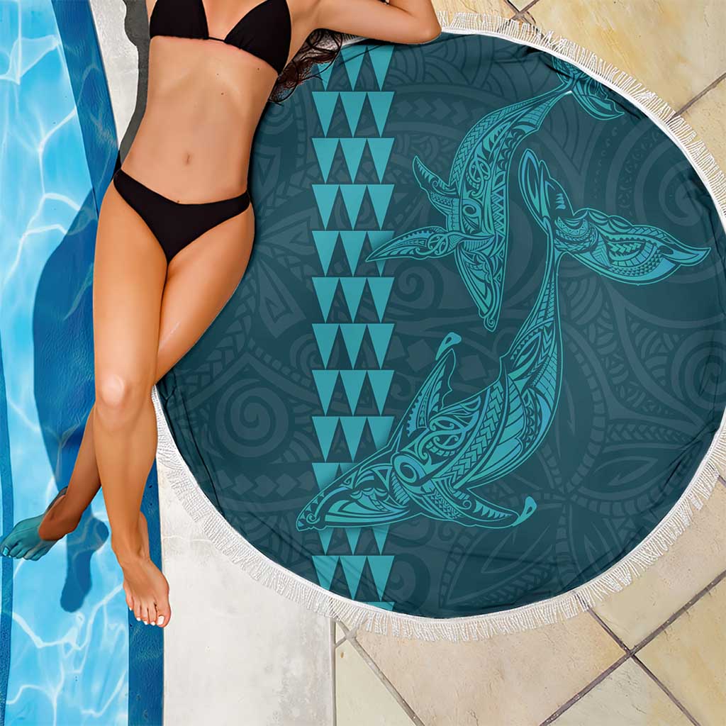 Aloha Hawaii Whale Kakau and Polynesian Tattoo Beach Blanket Turquoise Color