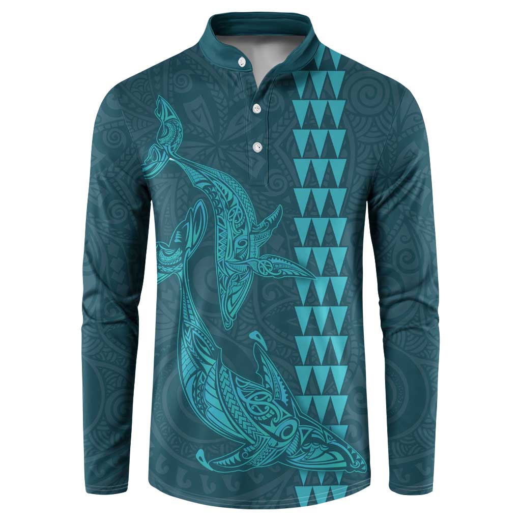 Aloha Hawaii Whale Kakau and Polynesian Tattoo Button Sweatshirt Turquoise Color
